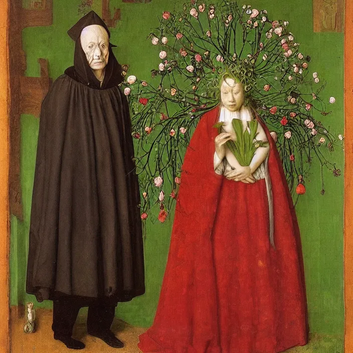 Prompt: a woman wearing a cloak of flowers, standing next to a creepy old green-horned goblin man, by Jan van Eyck