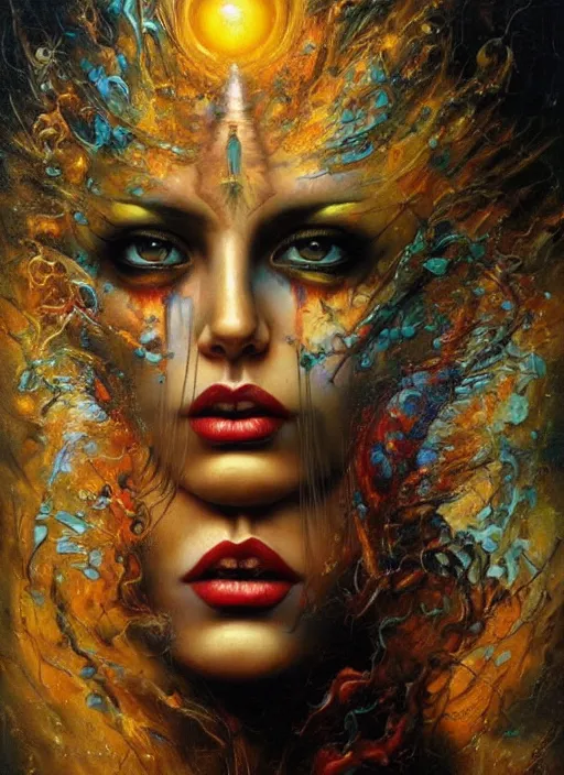 Image similar to magic enlightened cult psychic lovable woman, painted face, third eye, energetic consciousness psychedelic, epic surrealism expressionism symbolism, by karol bak, masterpiece