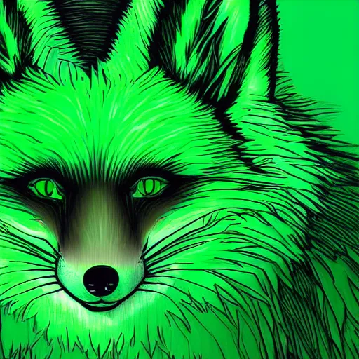 Prompt: green digital fox, green retrowave palette, green digital world, green highly detailed, green electric breeze, green anatomically correct vulpine, green synth feel, green fluffy face, green ear floof, green flowing fur, green super realism, green accurate animal imagery, green 4 k digital art