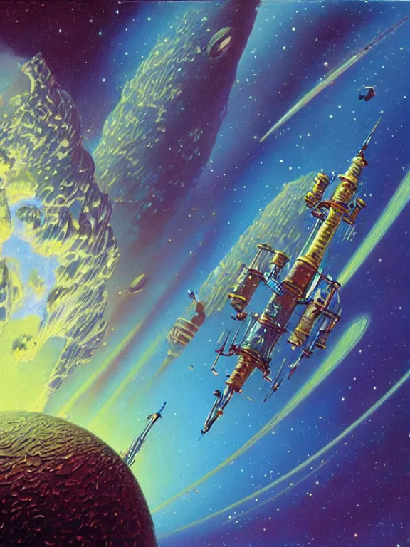 Image similar to round coconut space rocket fly at vanilla orchids galaxy cosmic nebula, style of moebius, vincent di fate, john berkey, michael whelan volumetric light, mega detailed, beautiful composition, beautiful lighting