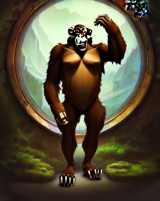 Image similar to don bluth, loish, artgerm, joshua middleton, steampunk, clockpunk anthropomorphic gorilla, brown suit, smiling, symmetrical eyes symmetrical face, colorful animation forest background