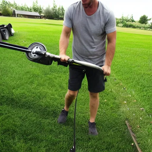 Prompt: homer mowing the grass in a tank top