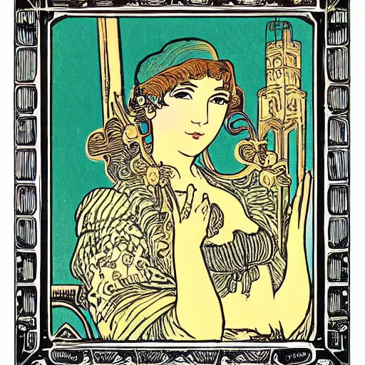 Prompt: Chambéry castle woodblock print, with a frame in the style of Mucha -4