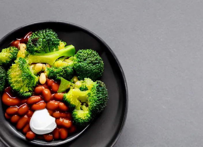 Image similar to food photo still of frozen yogurt topped with baked beans and broccoli, 8 5 mm f 1. 8 studio lighting