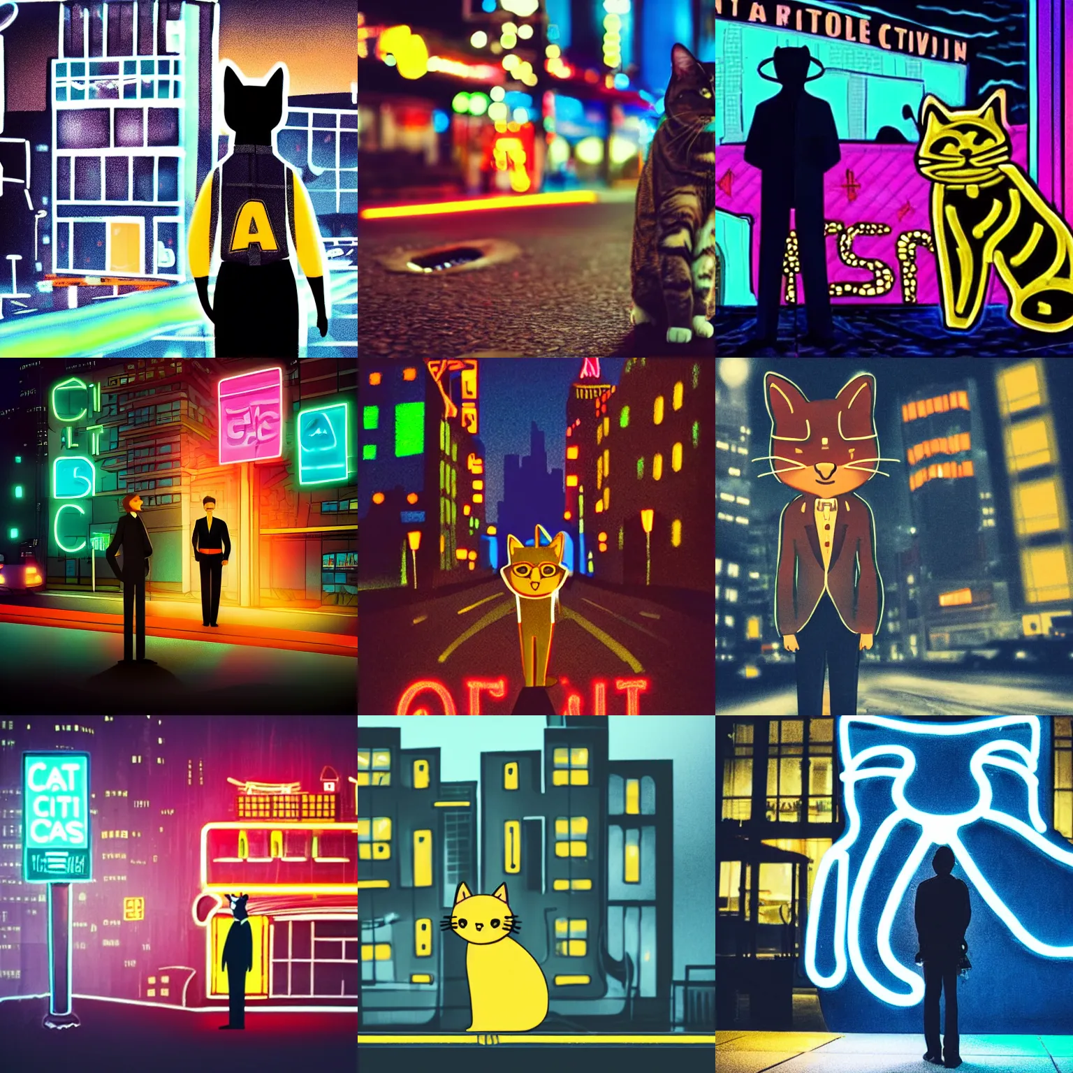 Prompt: a cat detective standing outside a city with neon lights