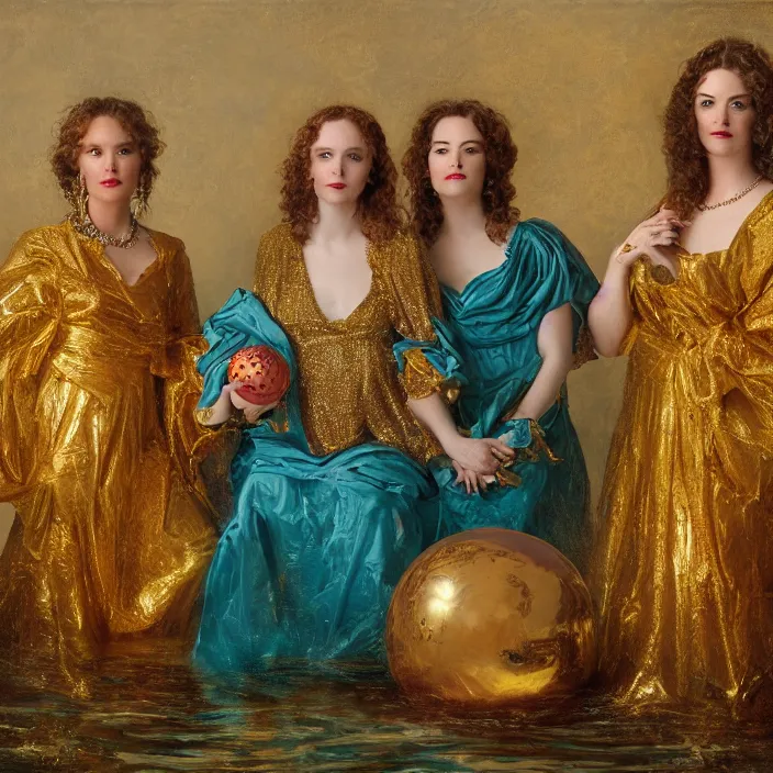 Prompt: a closeup portrait of a three women wrapped in gold, the three dates, three sirens, standing next to a levitating turquoise orb, in a misty pond, color photograph, by vincent desiderio, canon eos c 3 0 0, ƒ 1. 8, 3 5 mm, 8 k, medium - format print