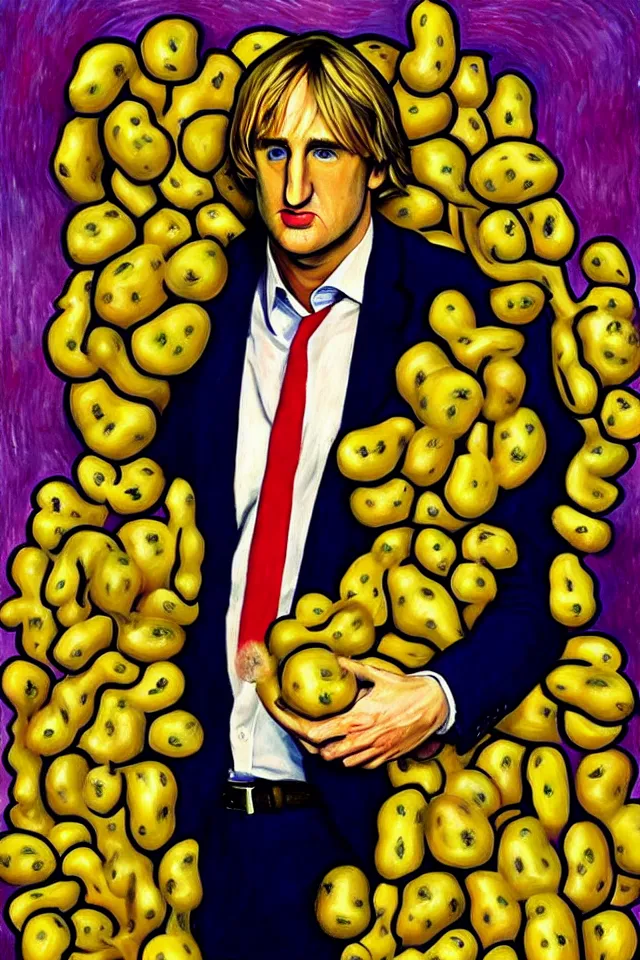 Image similar to bizarre neo - fauvism portrait of owen wilson in a sea of thousands of highly detailed potatos, dramatic cinematic lighting, 8 k, beautiful intricate painting