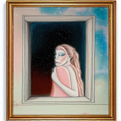 Prompt: a pastel painting of a brooding galactic queen staring at the galaxy outside her giant window