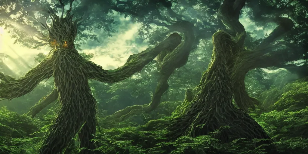 Prompt: close up of a giant spirit monster rising from a forest. tree branch in foreground. tree top perspective. 4 k, artgerm, high detail, dramatic lighting, sunset, hayao miyazaki, masashi ando, nizou yamamoto, kazuo oga, joe hisaishi, yoji takeshige, naoya tanaka