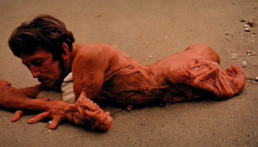 Image similar to 7 0 s movie still of a melting man, cinestill 8 0 0 t 3 5 mm technicolor, heavy grain, high quality, high detail