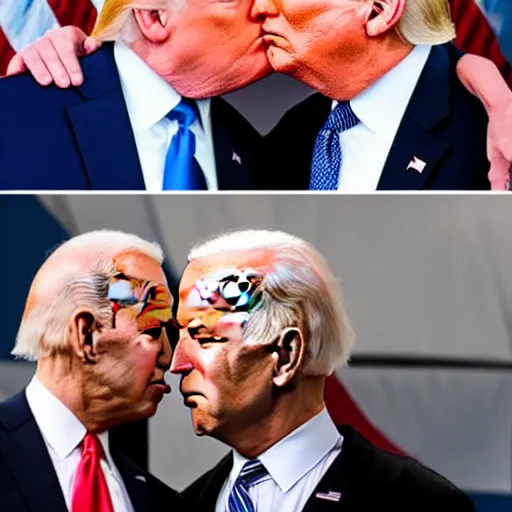 Prompt: Donald Trump kissing Joe Biden, photograph, highly detailed 8K cfg_scale 16