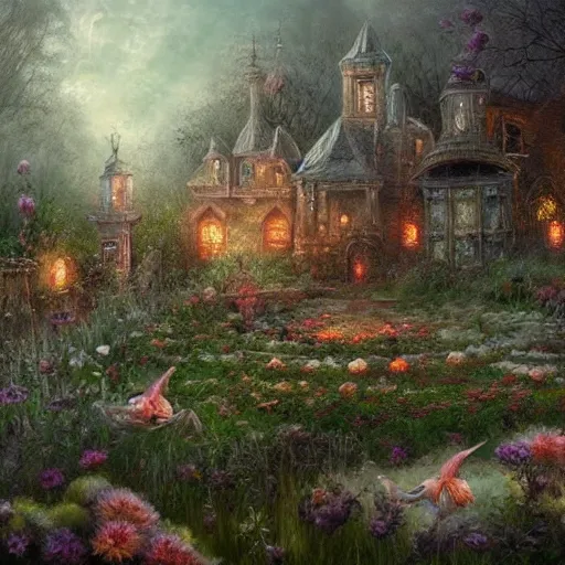 Prompt: a beautiful fantasy storybook illustration of a cursed garden. by seb mckinnon and Mark Keathley, trending on artstation 8k hq