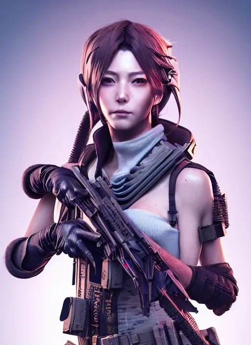 Image similar to the portrait of lawful neutral female cyberpunk marine sniper as absurdly beautiful, gorgeous, elegant, young gravure idol, an ultrafine hyperdetailed illustration by kim jung gi, irakli nadar, intricate linework, bright colors, octopath traveler, final fantasy, unreal engine 5 highly rendered, global illumination, radiant light, detailed and intricate environment