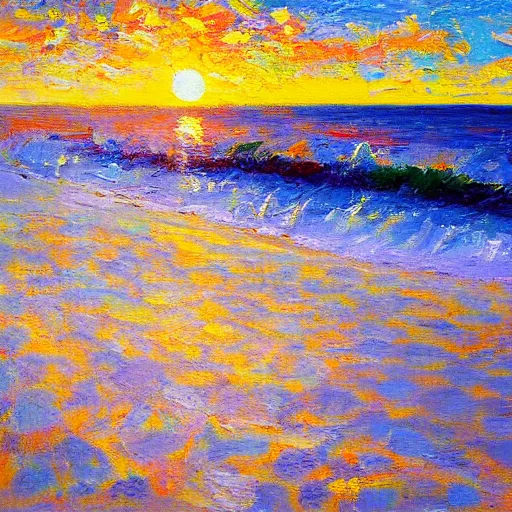 Prompt: leighton beach at sunrise, fremantle, modern, impressionist, highly textured landscape, palette knife, layered, sculptured, dynamic, oil on canvas