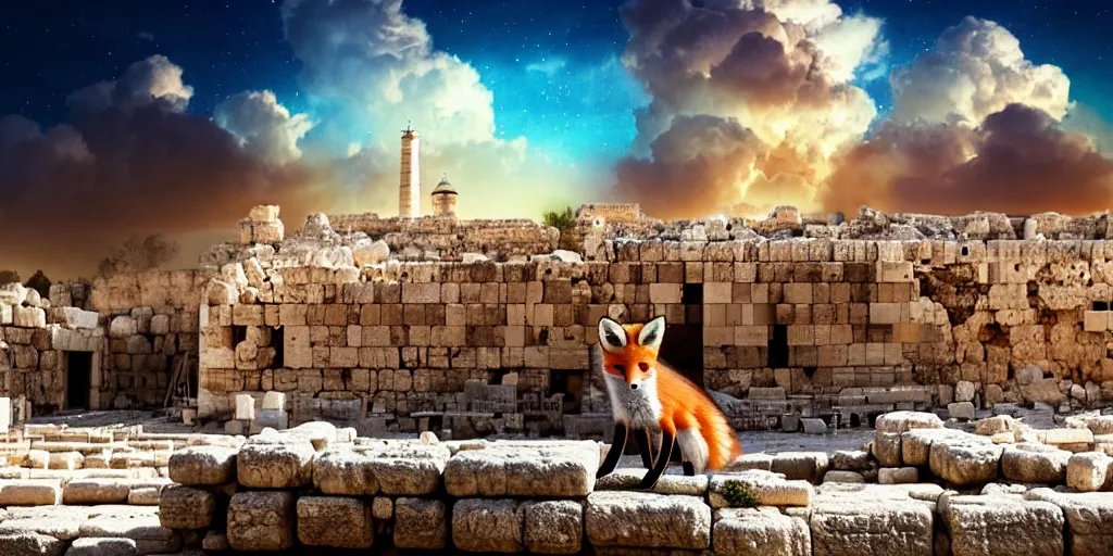 Image similar to a adorable small fox in the huge ruins of the second temple in jerusalem in the distance. the third temple hovers quietly hiding in the dreamy clouds above. a hooded bearded old man in a brown tunic laughing, colorful 8 k, art station, intricate superb details, digital art, cinematic, bokeh dof sky, by jim warren.