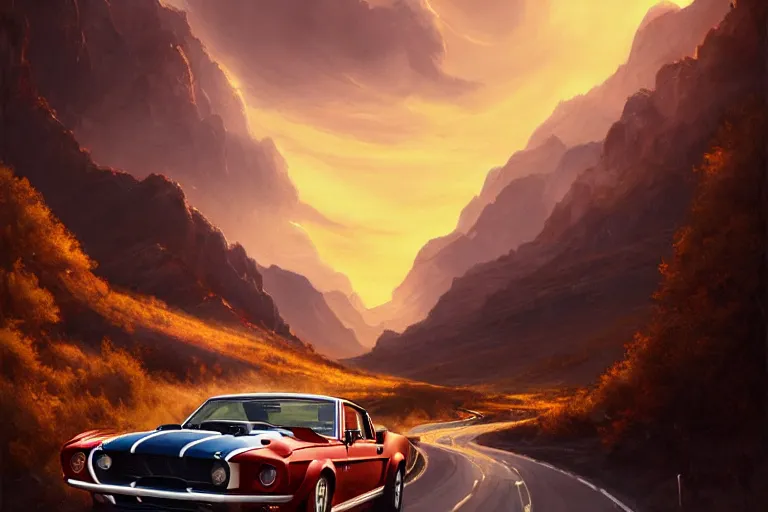 Image similar to a 1 9 6 7 shelby gt 5 0 0 driving down a long country road, coriolios rpg art style, full of details, warm sunset colors, matte painting, artstation, 8 k, hyperrealistic, style of peter mohrbacher, album cover, extreme long shot, mountains, panoramic, wide shot