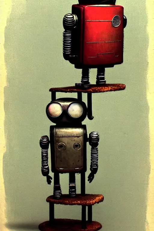Prompt: adventurer ( ( ( ( ( 1 9 5 0 s retro future robot android wise old owl robot on a stand looking at the camera. muted colors. ) ) ) ) ) by jean baptiste monge!!!!!!!!!!!!!!!!!!!!!!!!! chrome red