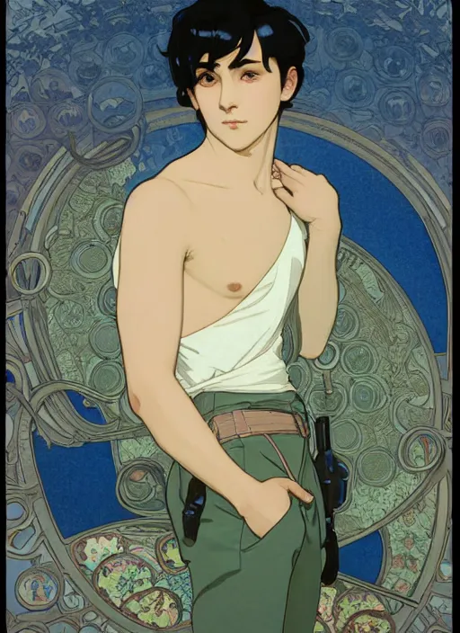 Image similar to handsome young man with short black hair, male, dressed in blue, half body shot, arms folded, path traced, highly detailed, high quality, digital painting, by studio ghibli and alphonse mucha, leesha hannigan, hidari, art nouveau, chiho aoshima, posuka demizu, atey ghailan, artgerm, ayami kojima