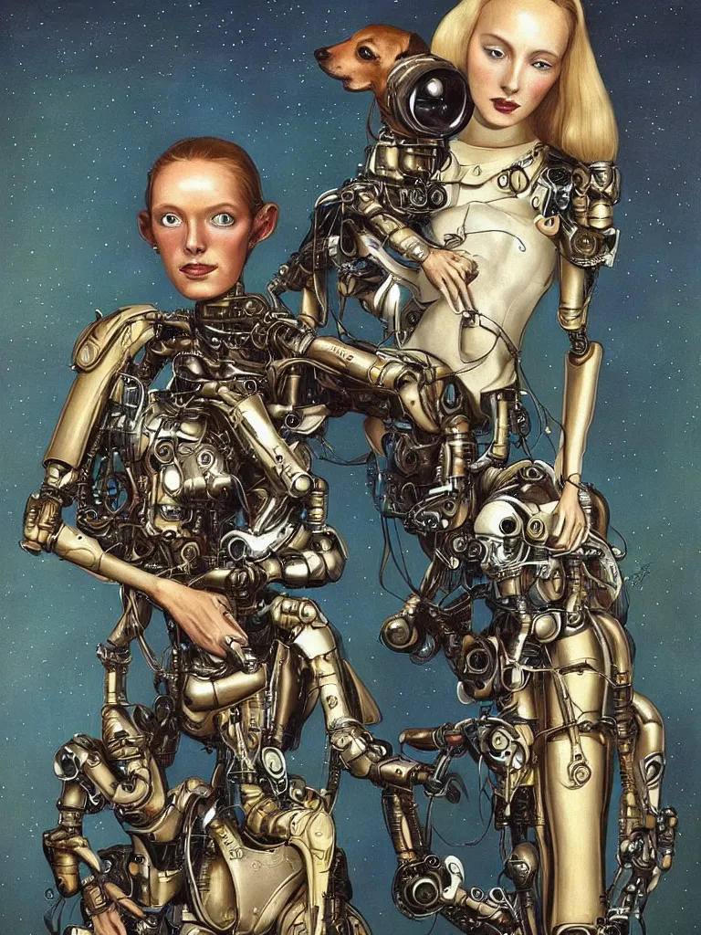 Image similar to portrait of a beautiful female android robot holding a whippet dog in her arms. Biopunk, steampunk, mecha, sighthounds, painting by James C. Christensen