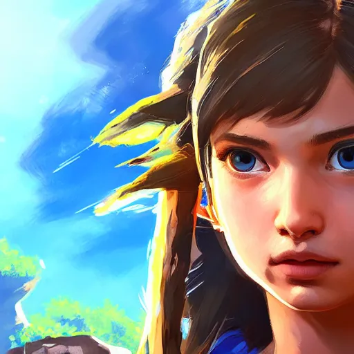 Prompt: Portrait of a beautiful young girl in the stlye of Breath of the Wild, studio lightning, bright colors, intricate, masterpiece, photorealistic, hiperrealistic, sharp focus, high contrast, Artstation HQ, 4k UHD, Unreal Engine 5