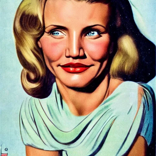 Image similar to Cameron Diaz portrait, color vintage magazine illustration 1950