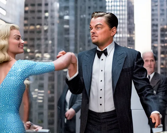 Prompt: leonardo dicaprio as the wolf of wall street next to margot robbie as naomi from the wolf of wall street, cinematic, long shot, hyper detailed, hyper realistic faces, 8 5 mm photograph, 8 k resolution, film still, sharp lens, wide lens