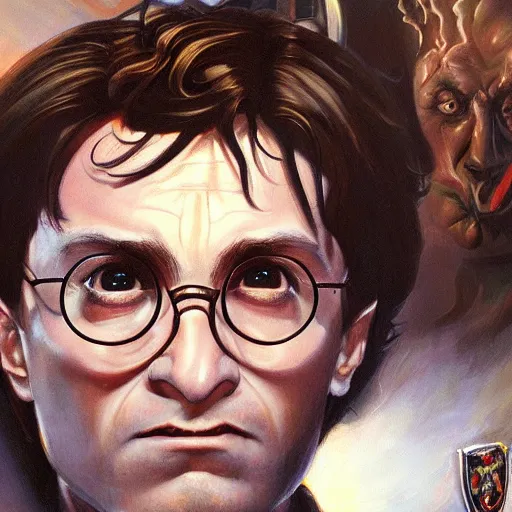 Prompt: detailed portrait of harry potter if his parents lived intricate, hyper detailed, realistic, oil painting, by julie bell, frank frazetta, cinematic lighting