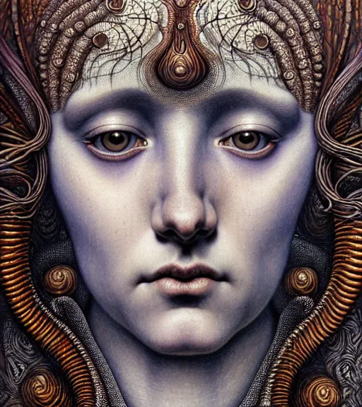 Image similar to detailed realistic beautiful salome face portrait by jean delville, gustave dore, iris van herpen and marco mazzoni, art forms of nature by ernst haeckel, art nouveau, symbolist, visionary, gothic, neo - gothic, pre - raphaelite, fractal lace, intricate alien botanicals, ai biodiversity, surreality, hyperdetailed ultrasharp octane render