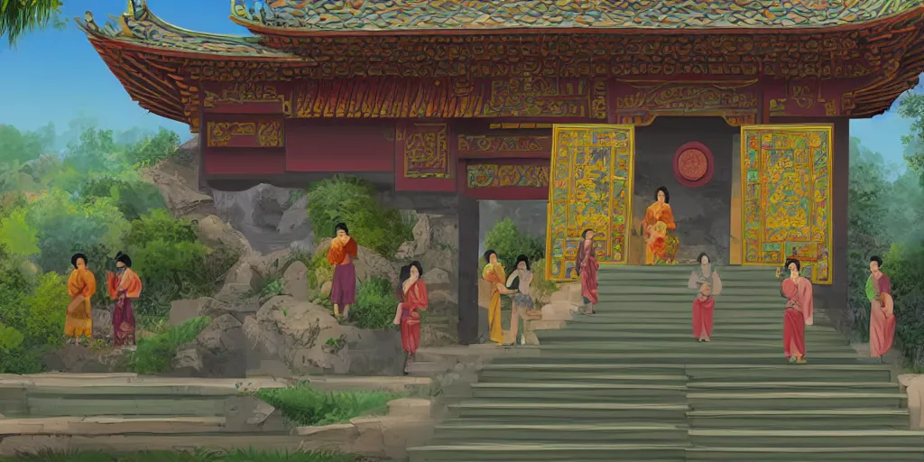 Prompt: vietnamese temple scene, 2 d game art background, level design, muted colors, in style of lam manh