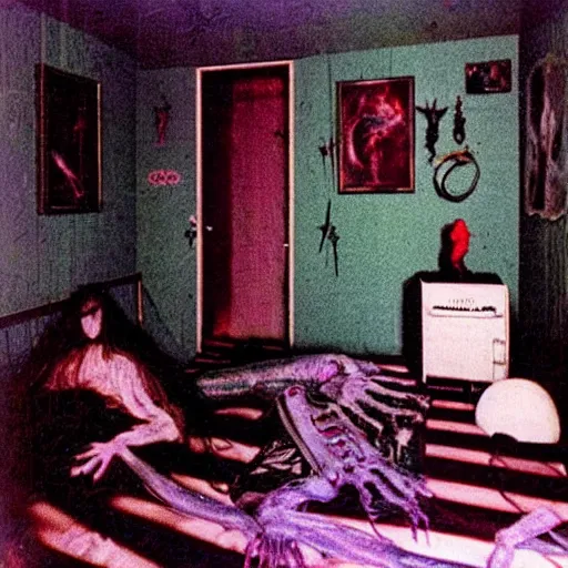 Image similar to beautifully ominous creepy sleep paralysis demon haunting inside 1 9 8 0's teeanger cluttered bedroom. weirdcore, liminal, backrooms aesthetic