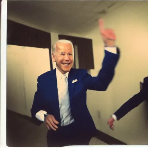 Prompt: polaroid image of joe biden chasing after a man.