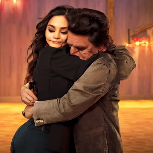 Image similar to Johnny Cash hugging Vanessa hudgens, realistic, 8k resolution, hyperdetailed, highly detailed, real life, studio lighting, high quality, dramatic shot,