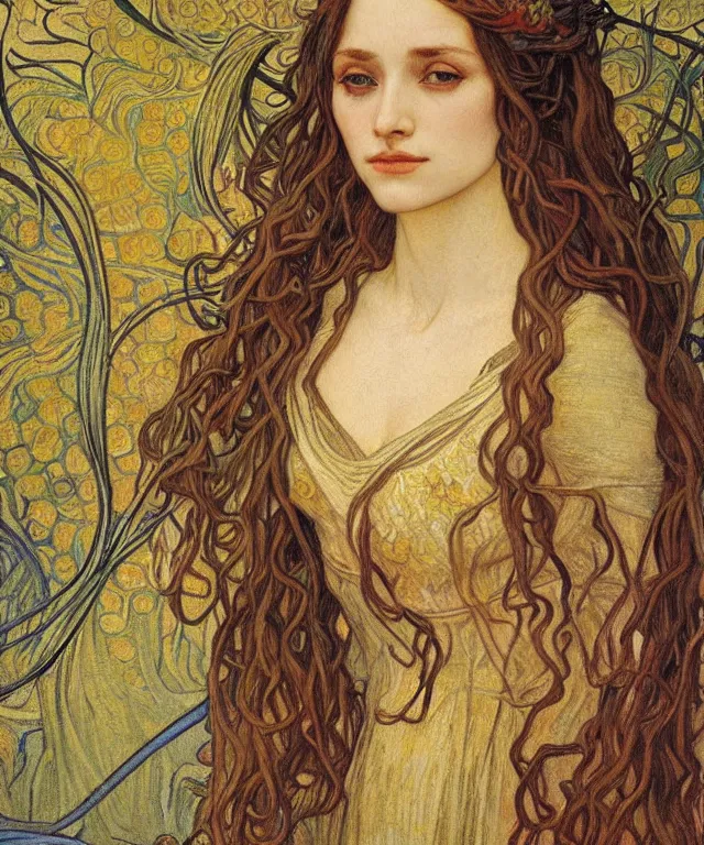 Image similar to detailed realistic beautiful young medieval queen face portrait by jean delville, alphonse mucha, vincent van gogh, and marco mazzoni, art nouveau, symbolist, visionary, gothic, pre - raphaelite
