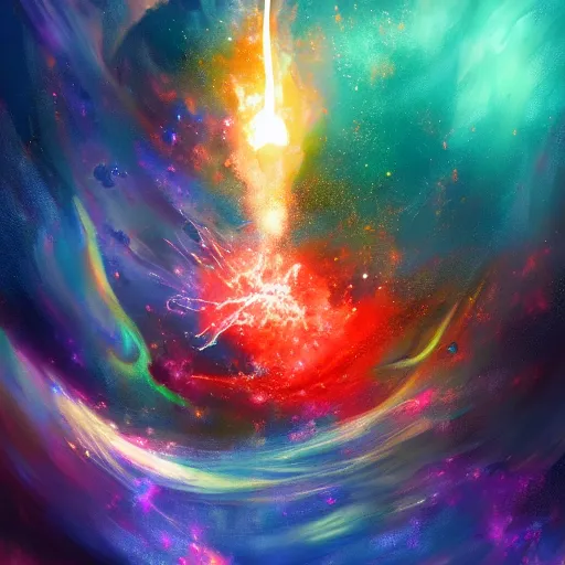 Prompt: Expressive painting of a basketball player dunking, depicted as an explosion of a nebula, digital art by Ross Tran, trending on artstation