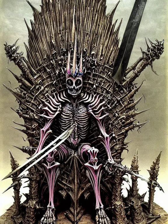 Prompt: A little vibrant. A spiked horned detailed semiork-semihuman skeleton with armored joints stands in a large cavernous throne room with sword in hand. Wearing massive shoulderplates, cloak. Extremely high details, realistic, fantasy art, solo, masterpiece, bones, ripped flesh, colorful art by Zdzisław Beksiński, Arthur Rackham, Dariusz Zawadzki, Harry Clarke