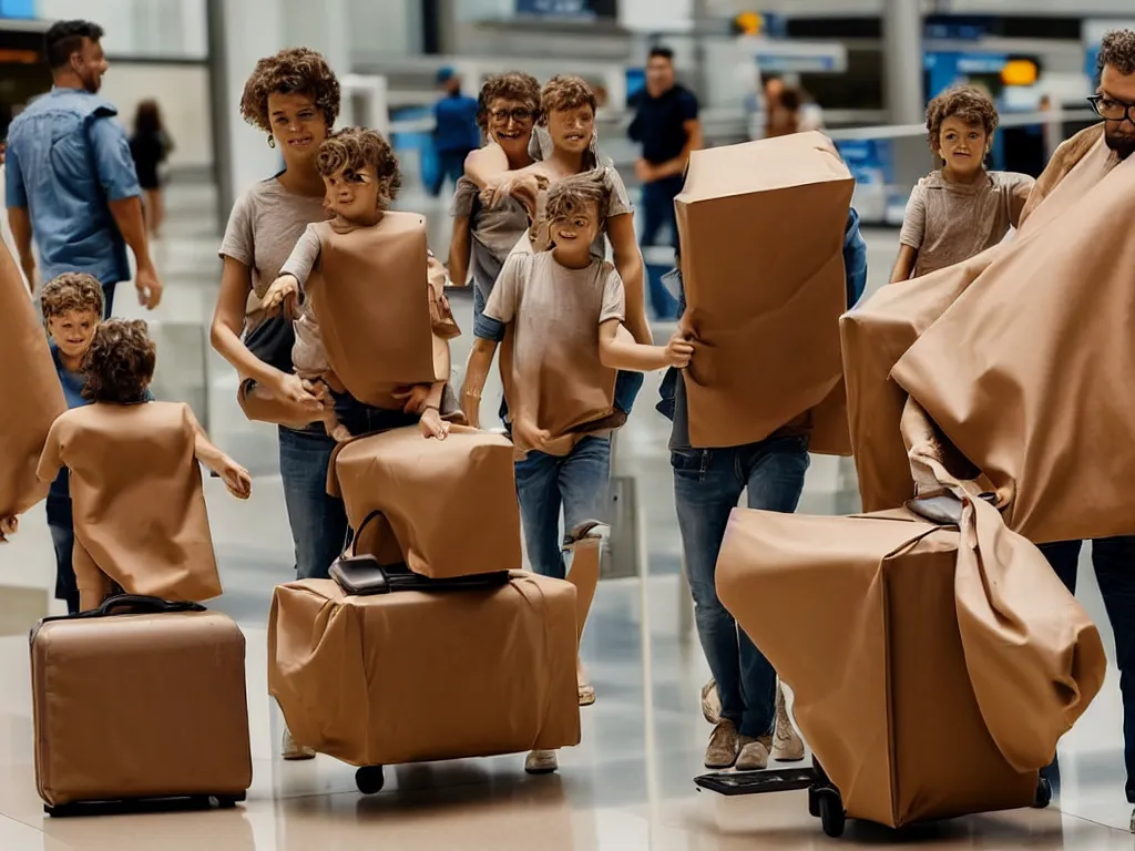 Prompt: a perfect abstract sculpture of a family going on a package holiday, wrapped in brown paper, hurrying through airport security as if they had not a care in the world. as they leave behind a wake of destruction in their suburban paradise.