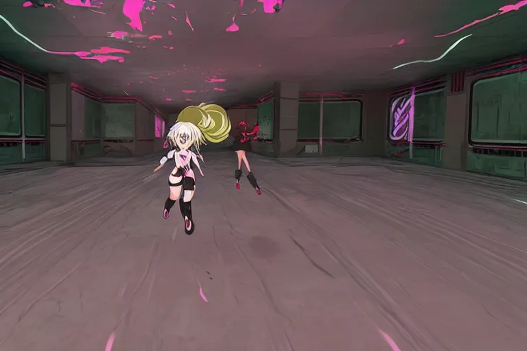 Image similar to an anime girl in a screenshot of the video game doom, the anime girl is running away