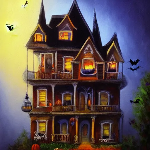 Image similar to A painting of a haunted house with Halloween decorations, Trending on artstation.