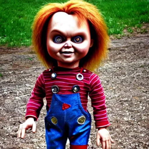 Image similar to Chucky the killer doll standing in the yard