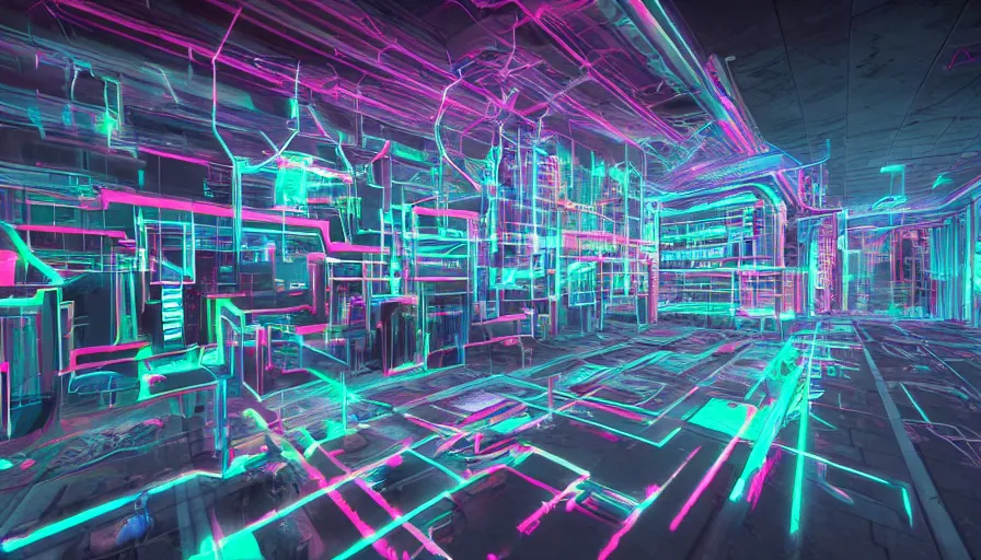 Image similar to computer circuits, android, wall of graffiti intricate volumetric octane render 3 d street art depicting dark monochrome neon fluorescent color abstract geometry in the style of wlop, mirrors edge, odeith