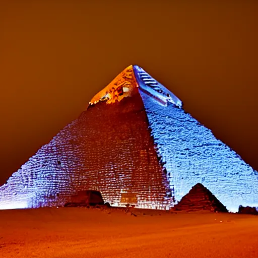 Image similar to pyramids of giza at night, neon lit