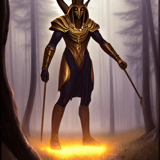 Prompt: long shot photo of anubis wear in golden heroic armour in the foggy forest, foggy bottom, highly detailed, digital painting, artstation, smooth, sharp focus, illustration, art by artgerm and greg rutkowski and alphonse mucha