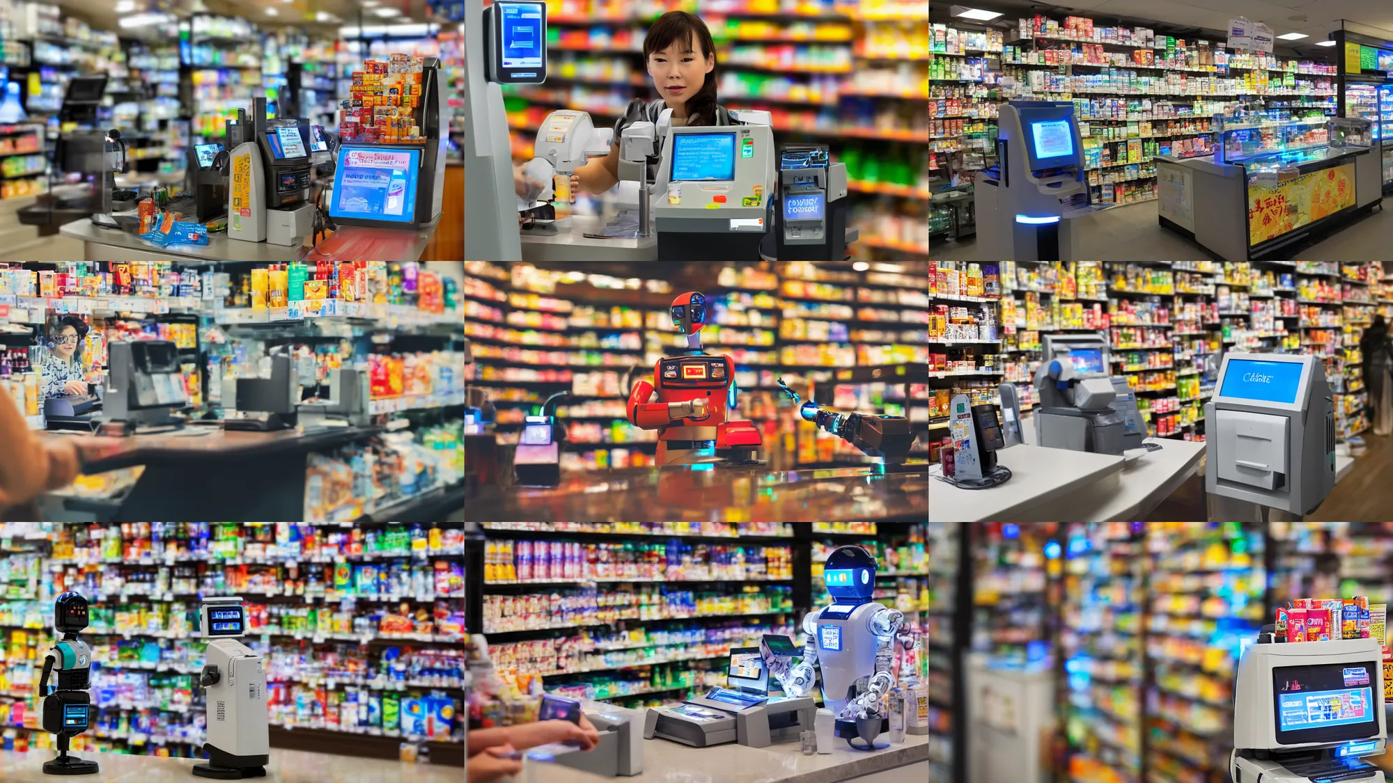 Prompt: bokeh solicitous convenience store robo - cashier