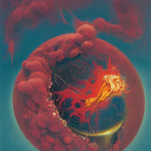 Image similar to a sphere being devoured by abstract splatters of paint in the style of francis bacon, venus being engulfed in flames in the style of james jean, surreal, beksinski, high detailed