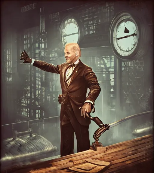 Prompt: joe biden cosplaying bioshock, by artgerm, by simon stalengrad, bioshock screenshot, photorealistic fan art, intricate shading, steampunk, patriot