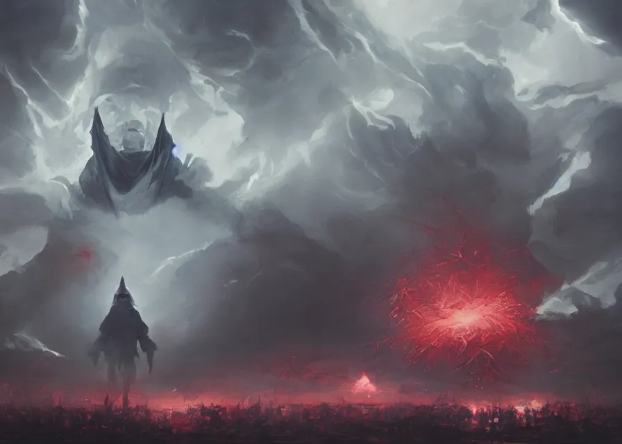 Image similar to abstract painting of giant Joe Biden grinning evil emperor of the world emerging in dark clouds, Sidious, noxious, cosmic horror, evil, dangerous, trending on ArtStation, masterpiece, by Greg Rutkowski, by Ross Tran, by Fenghua Zhong, octane, lightbeam eyes, soft render, clear facial features, oil on canvas, immense endless crowd, moody lighting, cinematic, professional environment concept art