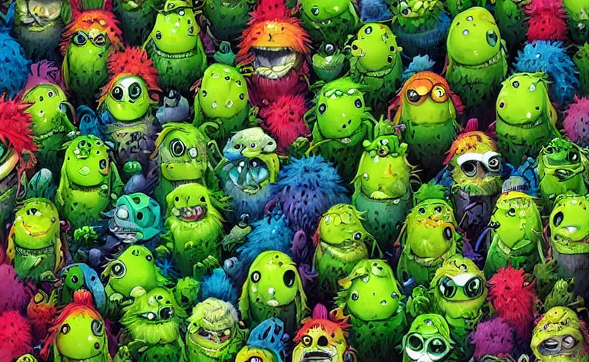 Image similar to an army of different cute green tennis ball monsters, colorful, digital art, fantasy, magic, chalk, trending on artstation, ultra detailed, detailed, fine details, professional illustration by basil gogos