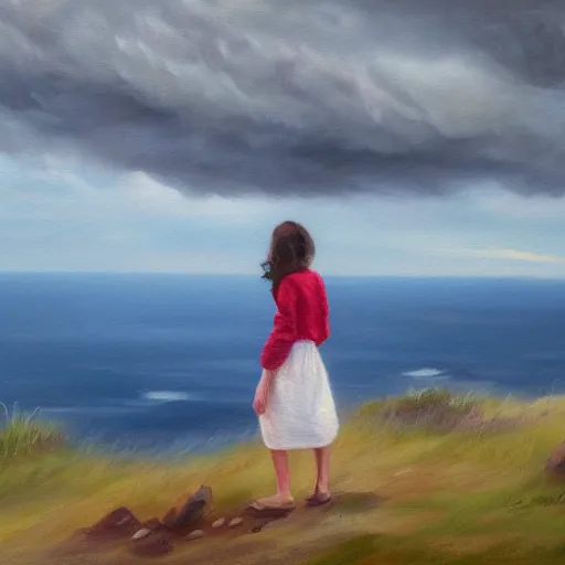 Prompt: A painting of a girl standing on a mountain looking out an approaching storm over the ocean, wind blowing, ocean mist, oil painting