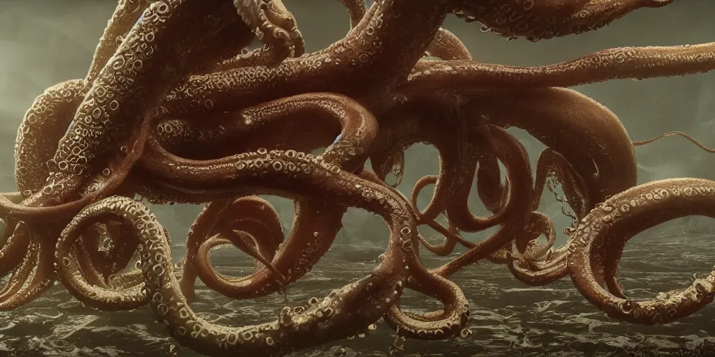 Prompt: an eldritch horrifying squid, masses of tentacle, dark fantasy horror, highly detailed, octane render, shiny textures, volumetric lighting