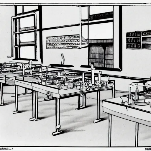 Image similar to a school science lab, by moebius